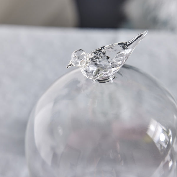 Glasklokke med fugl i klart glas